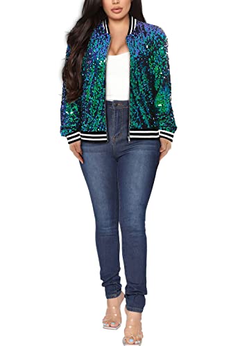 Yutuwomsfushi Women's Sequin Long Sleeve Front Zip Bomber Jacket with Ribbed Cuffs St. Patrick Day Christmas (color green,small)