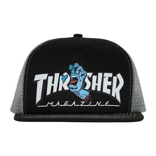 SANTA CRUZ x Thrasher Mesh Back Trucker Hat Screaming Logo Skate Hat, Black/Grey, One Size