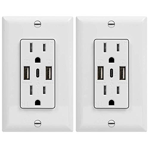 TOPGREENER USB Outlet, 5.8A 3-Port Type C Wall 15 Amp Tamper-Resistant Receptacle Plug, Compatible with iPhone 15 Series & More, UL Listed, TU21558AC3-2PCS, White, 2 Pack