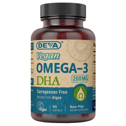 DEVA Vegan Omega-3 DHA Supplement - Once-Per-Day Softgel 200 MG - Carrageenan Free - Gelatin Free - Non-Fish - Algae Oil - Omega-3 Fatty Acids - 90 Softgels