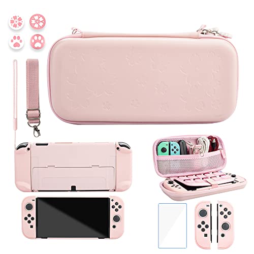 9 in 1 Carrying Case for Nintendo Switch OLED, GLDRAM Cute Accessories Kit with Travel Case, Hard PC Cover, Glass Screen Protector, Thumb Grip Caps, Wrist Band, Shoulder Strap for Girls - Pink