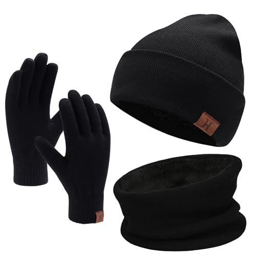 Winter Men Beanie Hat, Scarf, Touch Screen Gloves, 3 Pieces Winter Warm Clothing Set For Men, Black, One Size