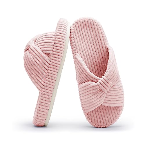 Chantomoo Slippers for Women Memory Foam House Bedroom Corduroy Bow Crossbands Slide Slipper Shoes Comfy Trendy Gift Slippers Pink Size7 8 6.5