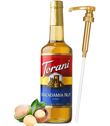 Macadamia Nut Syrup for Coffee 25.4 Ounces, Torani Macadamia Syrup with Little Squirt Syrup Pump