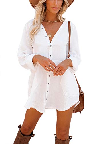iGENJUN Beach Dresses for Women Long Sleeve Dress for Women Button Down Plus Size Summer Dress Vacation Outfits for Women,L,White