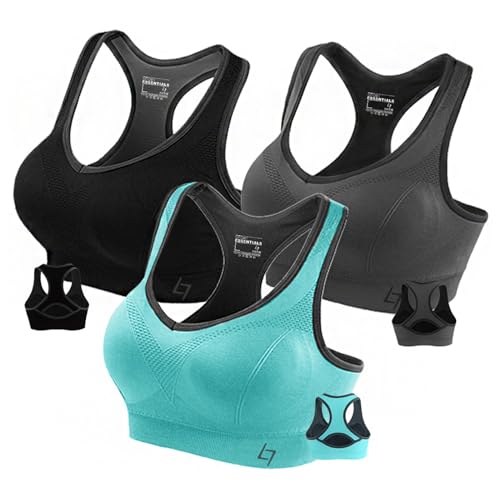 Fittin Womens Padded Sports Bras Wire Free with Removable Pads Pack of 3 Grey/Black/Aqua ,S