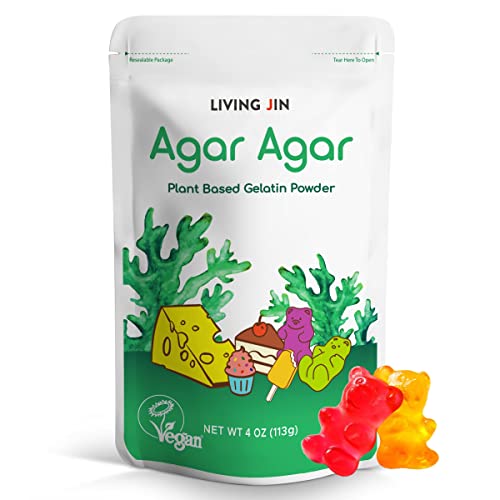 LIVING JIN Agar Agar Powder (4oz) Vegan Gelatin Substitute, Certified Gluten-free, Non-GMO, 100%, Sugar-free, Halal, Desserts, 100% Natural Red Algae