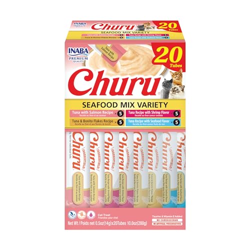 INABA Churu Cat Treats, Grain-Free, Lickable, Squeezable Creamy Purée Cat Treat/Topper with Vitamin E & Taurine, 0.5 Ounces Each Tube, 20 Tubes, Seafood Variety Box