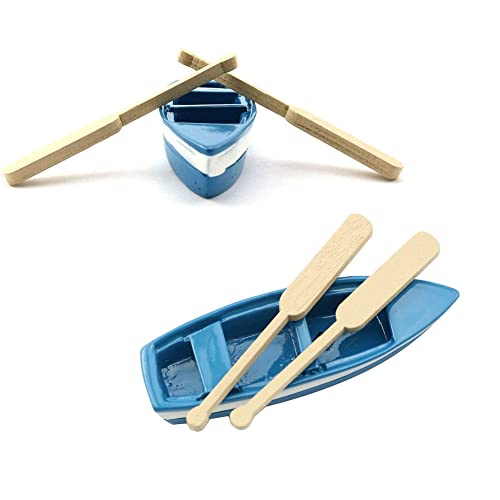 YXQ Lovely Miniature Blue Rowboat 2 Set Little Resin Boat Canoe Model with Oars for Miniature Cake Topper Decoration