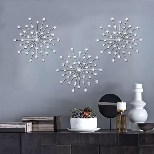 ZEXUIRU 3 Set Silver Metal Jeweled Wall Art Bling Crystal Home Décor Sun Burst Rhinestone Wall Hanging Diamond Accents