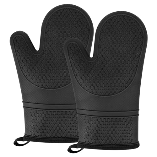 Silicone Oven Mitts, Heat and Slip Resistant Gloves with Soft Cotton Lining, Waterproof Flexible Durable and Comfortable Thick Ktichen Pot-Holders Mittens for Cooking, Baking, Grilling BBQ, 2X Black