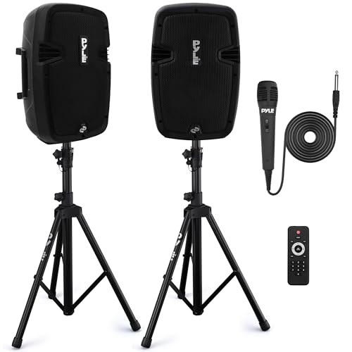 Pyle Powered PA Speaker System Active & Passive Bluetooth Loudspeakers Kit with 8 Inch Speakers, Wired Microphone, MP3/USB/SD/AUX Readers, Speaker Stands,Remote Control - Pyle PPHP849KT Black