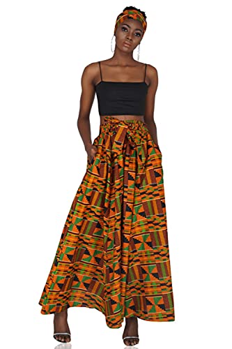 Women's Long Cotton Maxi Kente Print Skirt Elastic Waist with Attached Belts, Matching Headwrap | African Long Skirt Afrocentric