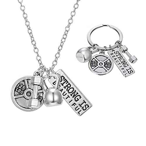Rinhoo Unisex Stainless Steel Fitness Weightlifting Gym with Quotes Workout Weight Plate Barbell Dumbbell Exercise Charms Pendant Necklace White Gold Plated/Gold Plated (2PC Strong/set)