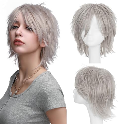 S-noilite Women Men Male Cosplay Hair Wig Short Straight Anime Party Dress Loose Fluffy Costume Full Wigs Silver Grey