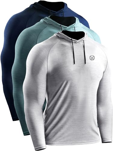 NELEUS Men's 3 Pack Dry Fit Running Shirt Long Sleeve Workout Athletic Shirts with Hoods,5071 Navy,Light Grey,Light Green,US S,EU M