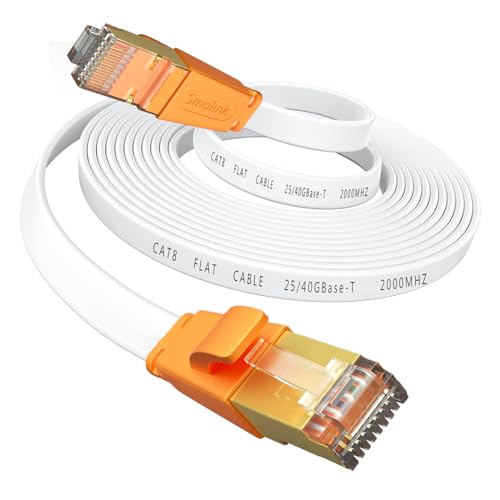Smolink Cat 8 Ethernet Cable 20 Ft,High Speed Flat Internet Network Cable,Professional LAN Cable, 2000Mhz 40Gbps SFTP Patch Cord with Gold Plated RJ45 Connector for Router Modem-White