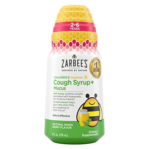 Zarbee’s Kids Cough + Mucus Daytime for Children 2-6 with Dark Honey, Ivy Leaf, Zinc & Elderberry, 1 Pediatrician Recommended, Drug & Alcohol-Free, Mixed Berry Flavor, 4FL Oz
