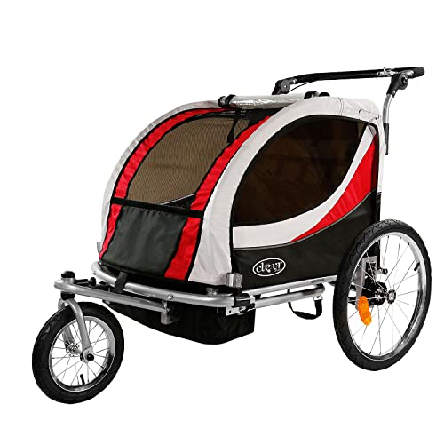 ClevrPlus Deluxe 3-in-1 Double 2 Seat Bicycle Bike Trailer Jogger Stroller for Kids Children | Foldable w/Pivot Front Wheel, Red