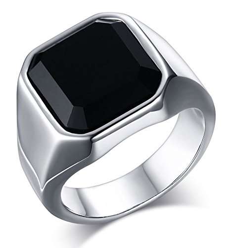 MEALGUET Jewelry Fashion Stainless Steel Signet Ring with Black Agate for Men, Size 12