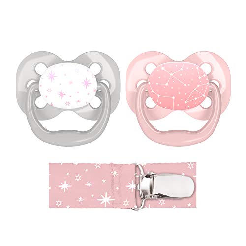 Dr. Brown's Advantage 100% Silicone Baby Paci Symmetrical Soother, 0-6m, BPA free, Pink, 2 Pack + Clip