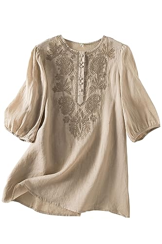 DOVWOER Cotton Linen Tops for Women 2023 Fall 3/4 Sleeve Embroidery Blouses Casual Tunic Shirt