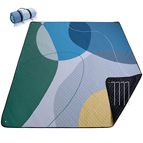 PY SUPER MODE Picnic Blankets Extra Large, Waterproof Foldable Outdoor Beach Blanket Oversized 83x79” Sandproof, 3-Layer Picnic Mat for Camping, Hiking, Travel, Park, Concerts(Abstract Blue)