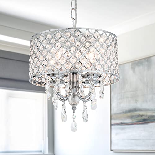 VILUXY Rustic Crystal Chandelier French Pendant Light Drum Shade Chrome Finishing for Bedroom, Kitchen Island, Girl Room, Dining Room, Staircase 4-Light