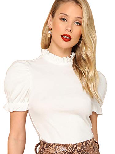 Floerns Women's Casual Frill Mock Neck Short Puff Sleeve Keyhole Back Work Office Blouse A White S