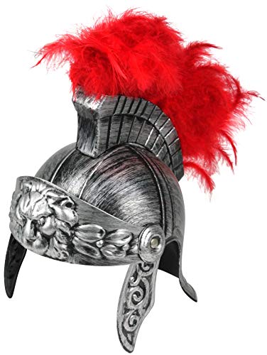 Nicky Bigs Novelties Adult Roman Helmet with Red Fake Feather Plume - Greek Gladiator Costume Helmets - Trojan Legion Helmet, Silver, One Size