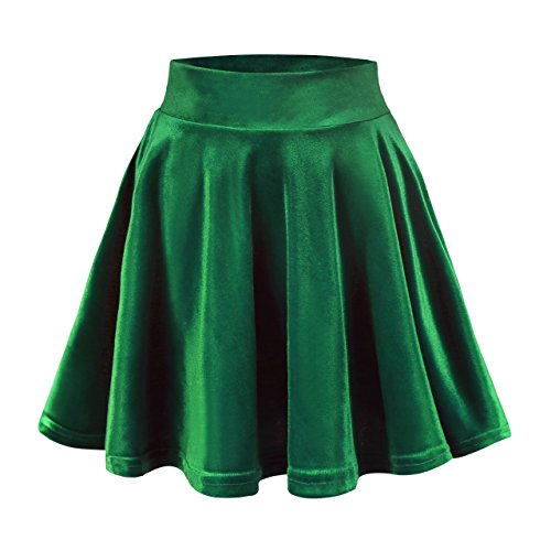 Urban CoCo Women's Vintage Velvet Stretchy Mini Flared Skater Skirt (L, Dark Green)