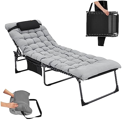 KingCamp Oversized Adjustable Folding Chaise Lounge Chair with Mattress for Outdoor Patio Beach Lawn Pool Sunbathing Tanning, Heavy Duty Portable Camping Recliner with Pillow, Supports 330lbs, Black