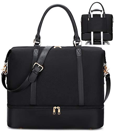 Travel Weekender Bag Womens Overnight Travel Tote with Trolley Sleeve Pu Leather Shoulder Strap for Men Traveling Carry on Luggage Black with shoe compartment