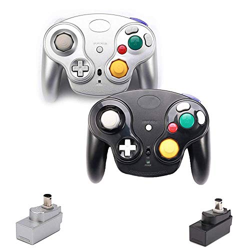 VTone Wireless Gamecube Controller, 2 Pieces 2.4G Wireless Classic Gamepad with Receiver Adapter for Wii Gamecube NGC GC (Black and Silver)