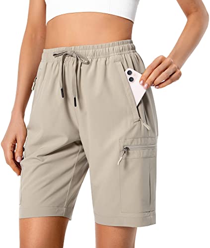 Women's Lightweight Hiking Cargo Shorts Quick Dry Athletic Shorts for Camping Travel Golf with Zipper Pockets Water Resistant Khaki