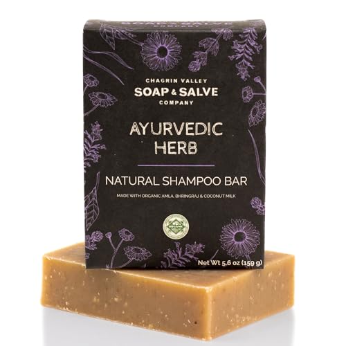 Chagrin Valley Soap & Salve Organic Natural Shampoo Bar - Ayurvedic Herbs Help Thinning, Dull, Limp Hair & Dandruff - Sustainable, Plastic Free – Vegan - Ayurvedic Herb Shampoo – 5.6 OZ (159 g) Bar