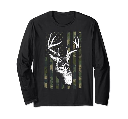 Whitetail Buck Deer Hunting USA Camouflage American Flag Long Sleeve T-Shirt