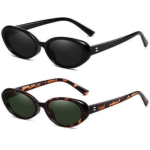 Breaksun Retro Oval Sunglasses for Women Men Fashion Small Oval Sunglasses 90s Vintage Shades (Black/Grey+ Leopard/G15)