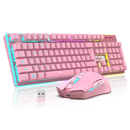 RedThunder K10 Wireless Gaming Keyboard and Mouse Combo, LED Backlit Rechargeable 3800mAh Battery, Mechanical Feel Anti-ghosting Keyboard + 7D 3200DPI Mice for PC Gamer (Pink)