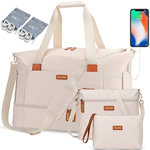 BAGODI Gym Bag for Women, Weekender Overnight Bag with USB Charging Port, Sport Travel Duffel Bag with Wet Pocket & Shoe Compartment, Carry on Tote Bag for Travel/Gym/School 5 Pcs Set.