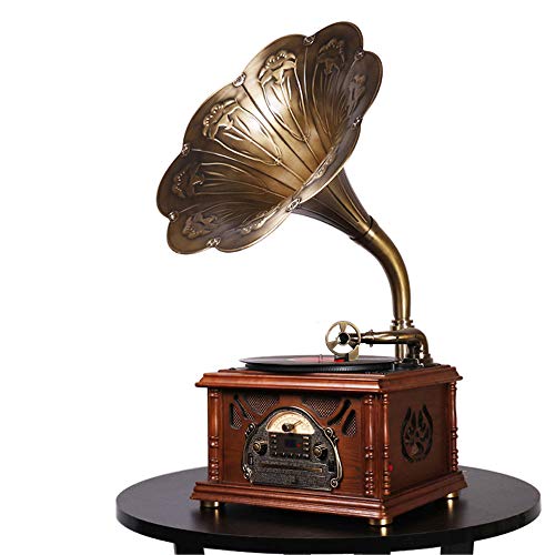 Idealforce Bluetooth Phonograph Record Player,Portable Version Gramophone Vintage Retro Style Subwoofer Speaker/Aux-in,CD,FM/AM Radio,45 RPM Adapter, for HX-411/12/NF-601/605/610 (Horn with Texture)