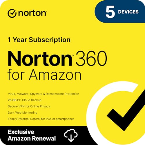 Norton 360 for Amazon 2024, Antivirus software for up to 5 Devices with Auto Renewal [Subscription]