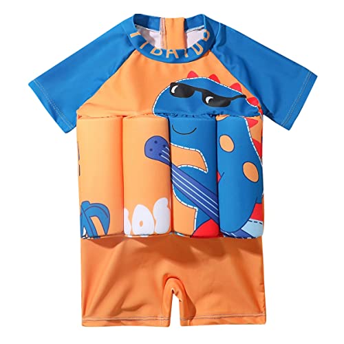 Kids Float Swimsuit with 8 Adjustable Buoyancy Sticks for Baby Boys Girls One Piece Floating Swim Vest Training Aid Swimwear Orange - Short Sleeve 3-4T