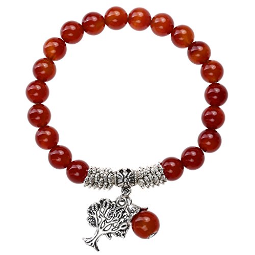 Jovivi 8MM Natural Red Agate Healing Point Tree Life Lucky Charm Stretch Bracelet