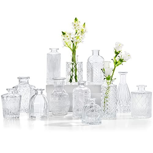 CUCUMI Glass Bud Vases Set of 12, Small Vases for Centerpieces, Vase for Flowers in Bulk for Rustic Wedding Home Table Decorations