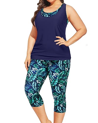 Yonique 3 Piece Plus Size Swimsuits for Women Tankini Tops with Sports Bra and Swim Capris Athletic Bathing Suits Navy Blue Leaf Print 18 Plus