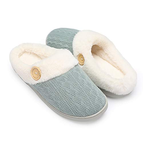 Chantomoo Womens Slipper Warm Comfy Memory Foam House Slippers Knitted Shoes Faux Fur Lined Anti-Skid Rubber Sole Bedroom Cozy Indoor Outdoor Slippers Green Size7 8 6.5