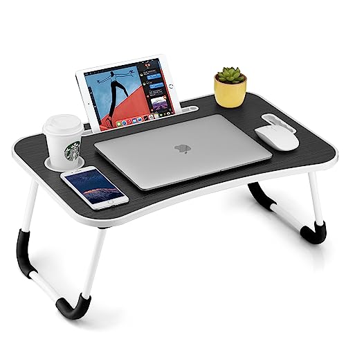 FISYOD Foldable Laptop Table, Portable Lap Desk Bed Table Tray, Laptop Stand with Cup Holder & Tablet Slot & Lifting Handle for Working Writing Drawing & Eating (Black)