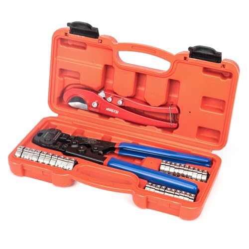iCrimp PEX Clamp Tool Kit for 3/8-in, 1/2-in, 3/4-in, 1-in PEX Clamp Cinch & Removal, c/w 1/2''(20 Pack) and 3/4''(10 Pack) PEX Clamp Rings, PEX Tubing Cutter