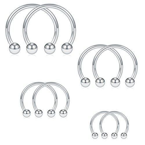 SCERRING 8PCS 16G Stainless Steel Nose Septum Horseshoe Earring Eyebrow Septum Lip Helix Tragus Cartilage Piercing Ring 6mm,8mm,10mm,12mm - Silver